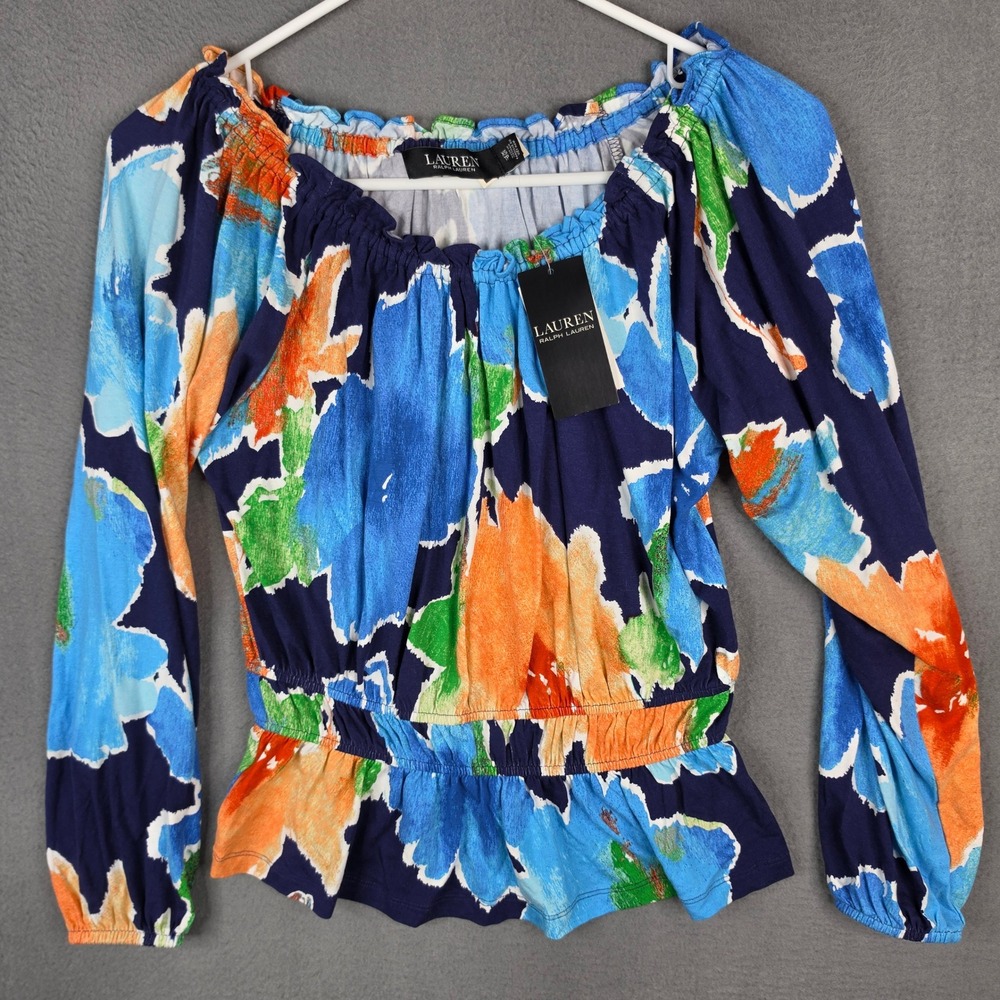 Lauren Ralph Lauren Blouse Floral Peplum Navy Blue Orange XS Viscose Stretch NWT